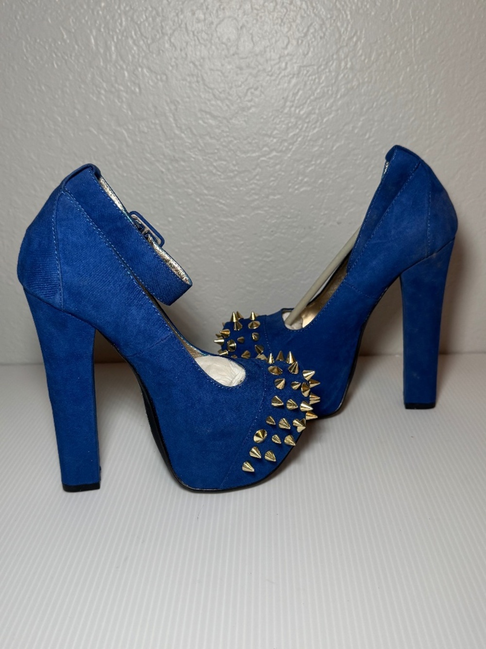 Wild Pair Blue Suede Spike Platform Heels with Ankle Strap - Picture 4 of 8